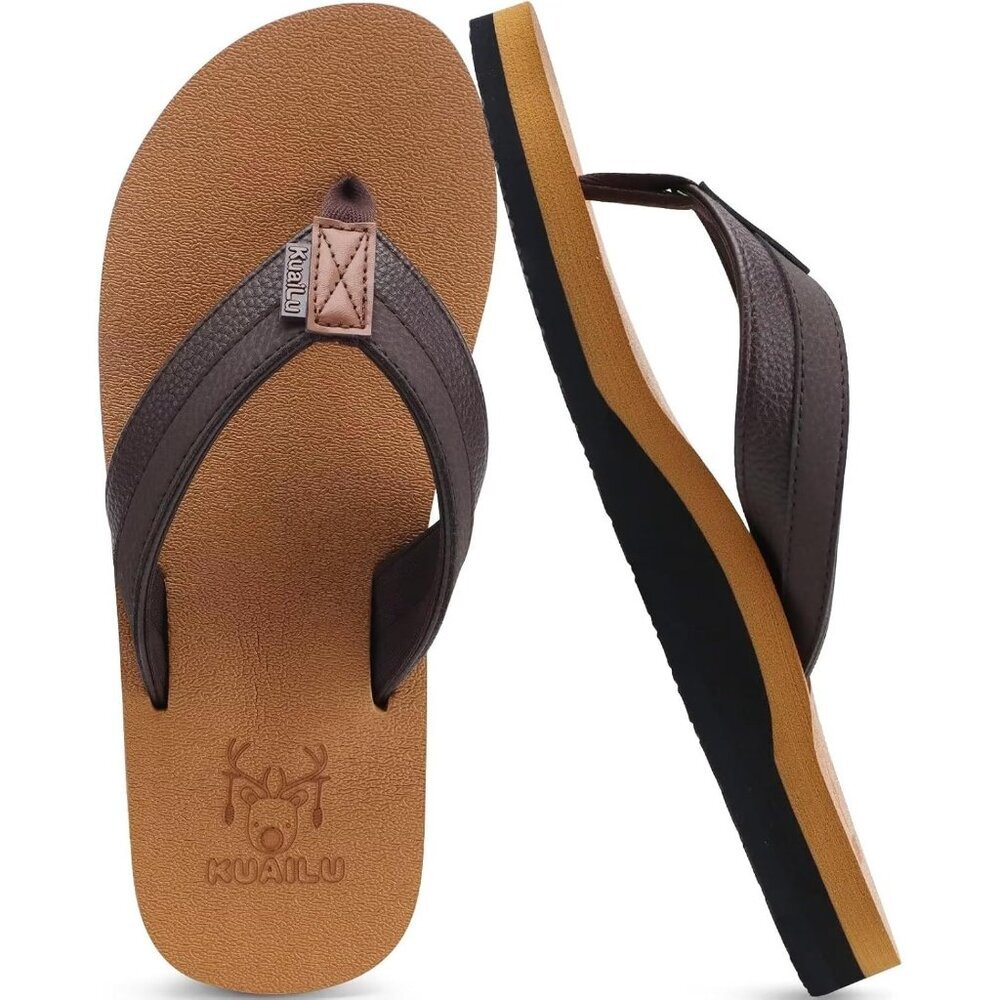 〽️Men's Flip Flop Sandal Khaki Leather Slip On Arch Support Comfortable Shoes